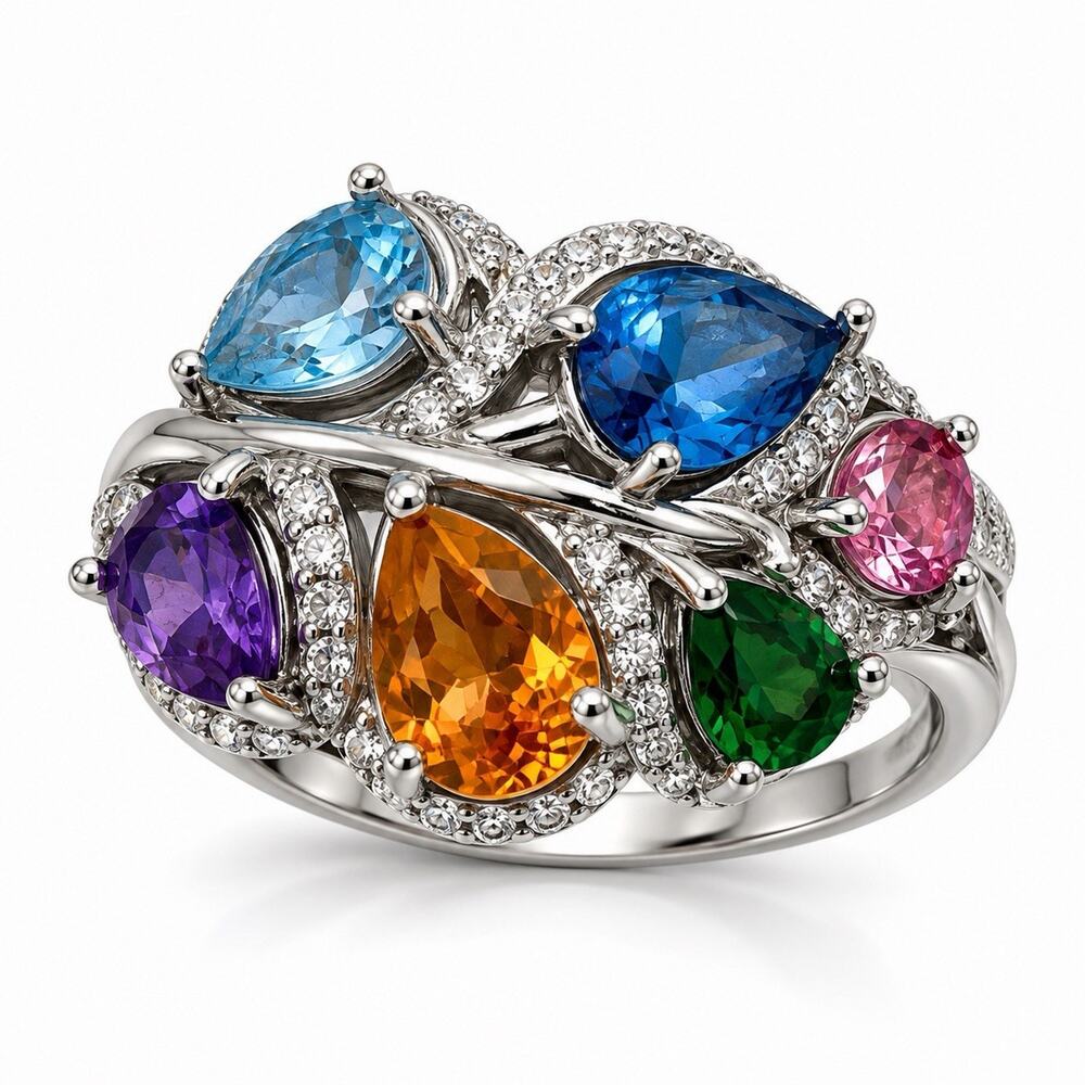 925 Sterling Silver Multi Color Tourmaline Ring Size 6 Floral Design